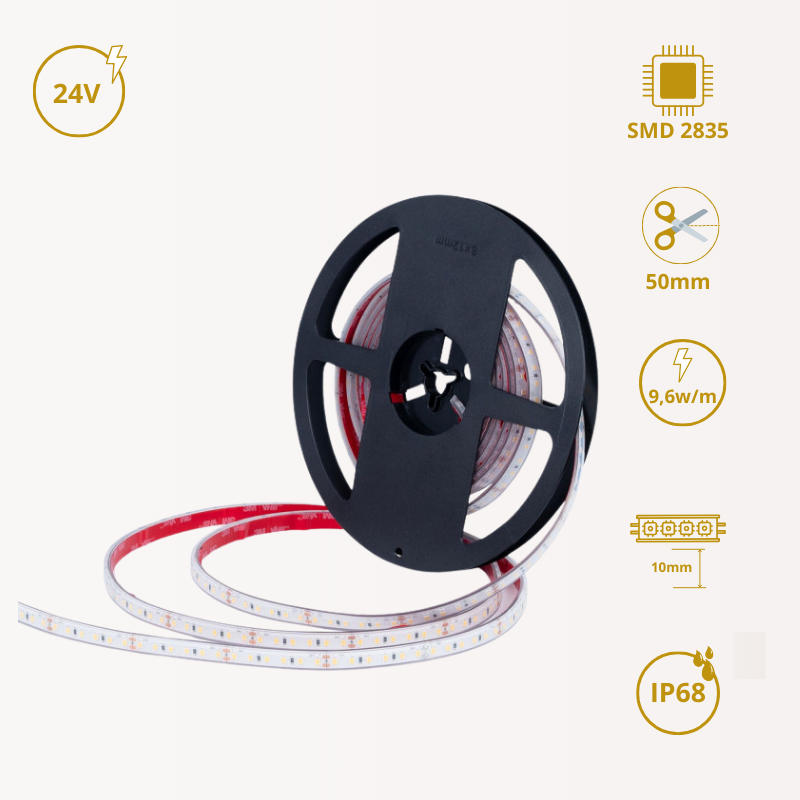 LED-Streifen 24V DC einfarbig | 9,6W/m | IP68 | 10mm | 5m