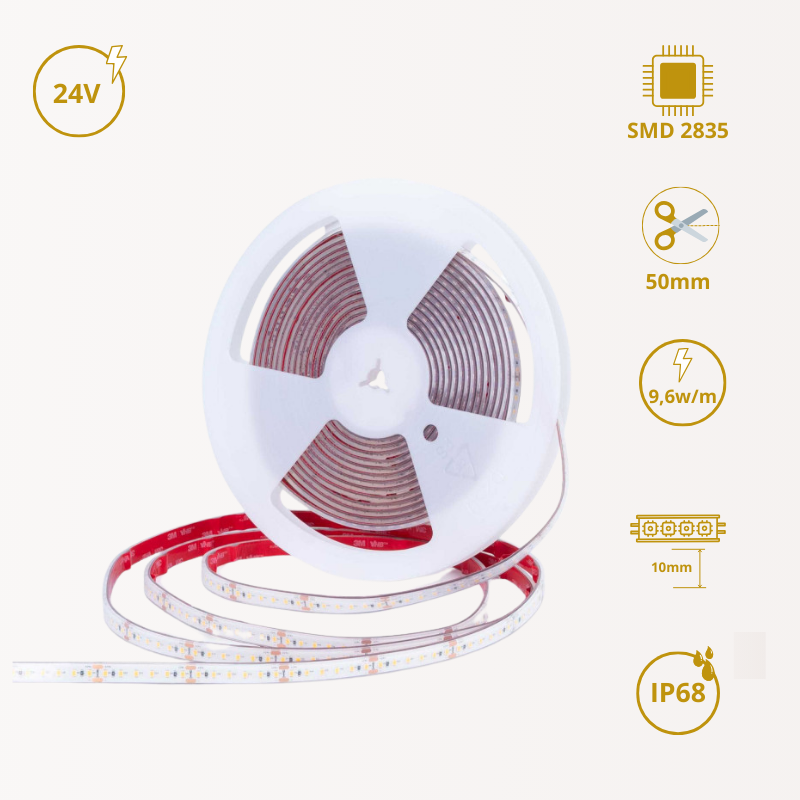 LED-Streifen 24V DC einfarbig | 9,6W/m | IP68 | 12mm | 10-20mt