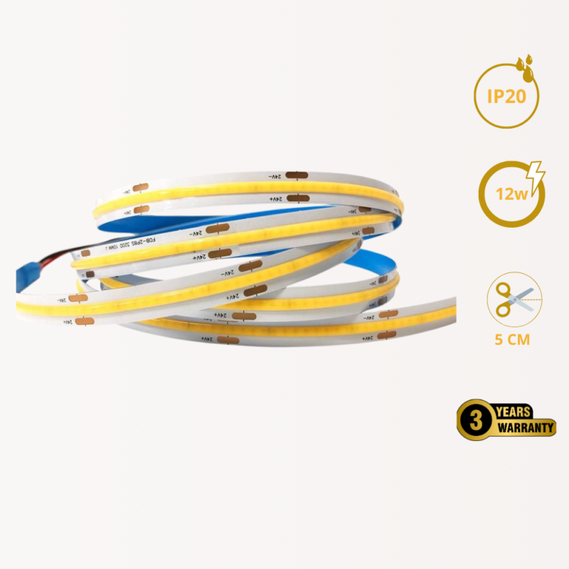 COB LED-Streifen 24V | Einfarbig | 12W/m | IP20 | 10MT